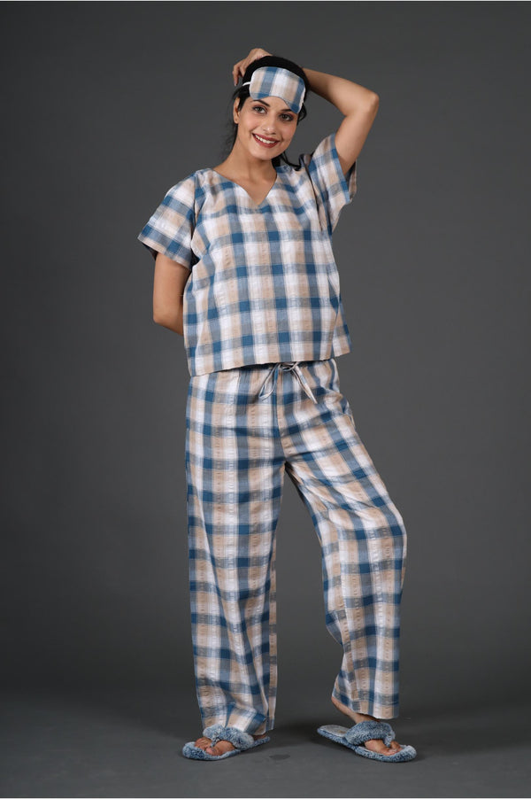 Teal Peach Checks Jama Set