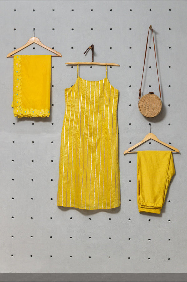 Yellow Striped Chanderi Kurta Set with Butterfly Embroidered Dupatta