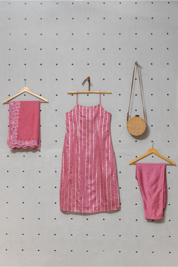Mulberry Striped Chanderi Kurta Set with Butterfly Embroidered
