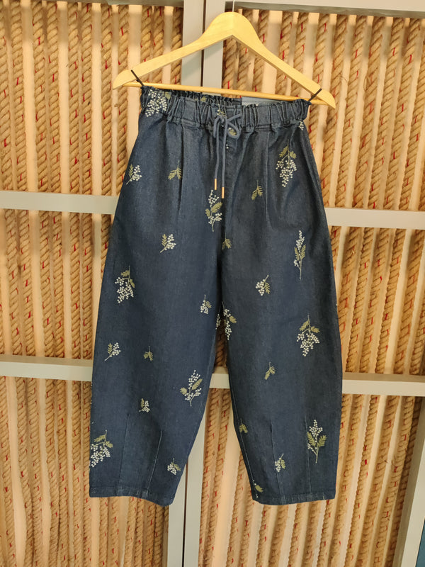 Denim Floral Embroidered Trouser