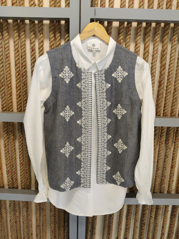 White Shirt With Embroidered Navy Chambray Shacket