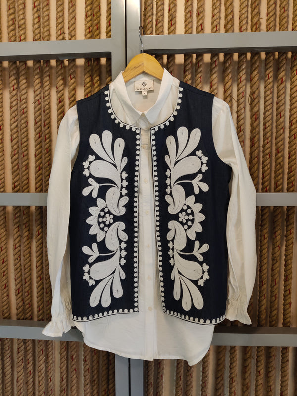 White Shirt With Embroidered Denim Navy Shacket