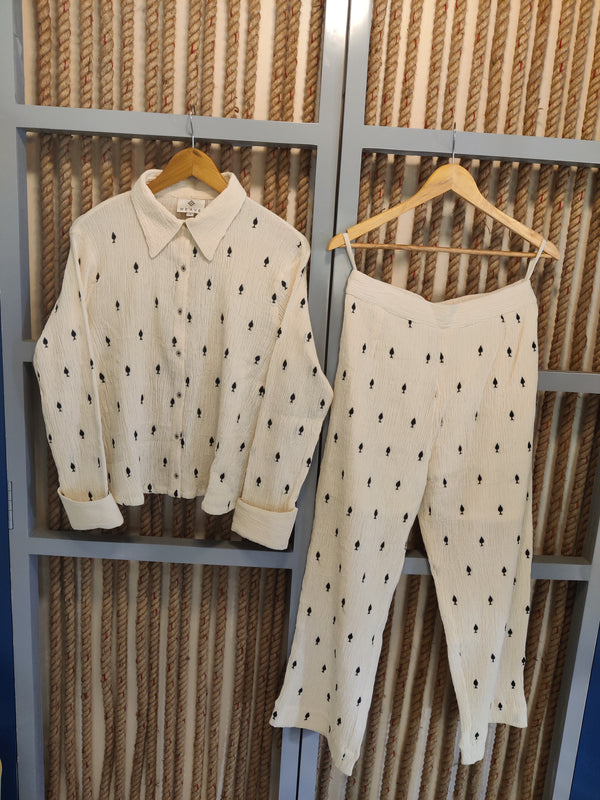 Beige Cotton Crepe Embroidered