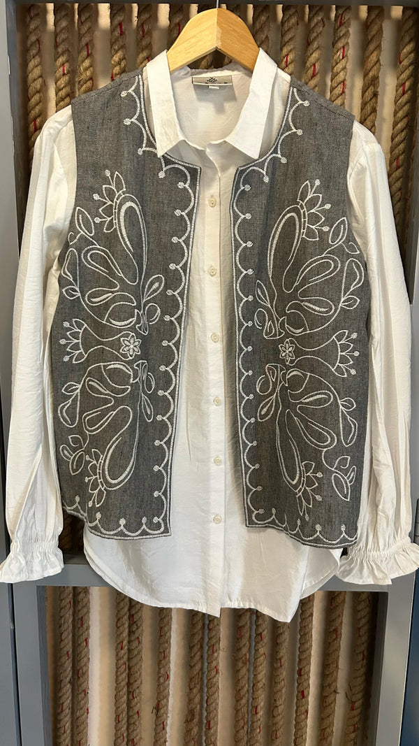 White Shirt With Embroidered Grey Chambray Shacket